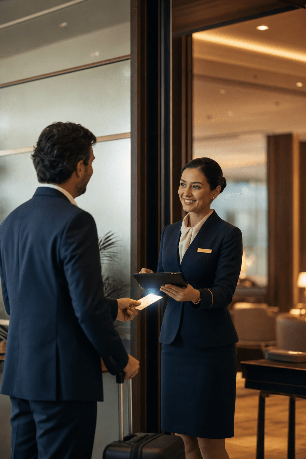 Recepção da sala VIP escaneando o cartão de embarque do passageiro